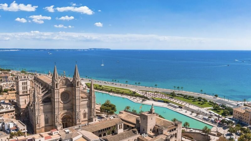 Aerial view of La Seu, the gothic medieval cathedral of Palma de Mallorca in Spain
