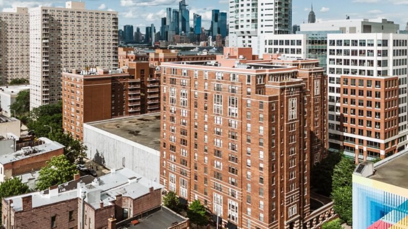 Aerial view of Hoboken, NJ with New York City skyline backdrop