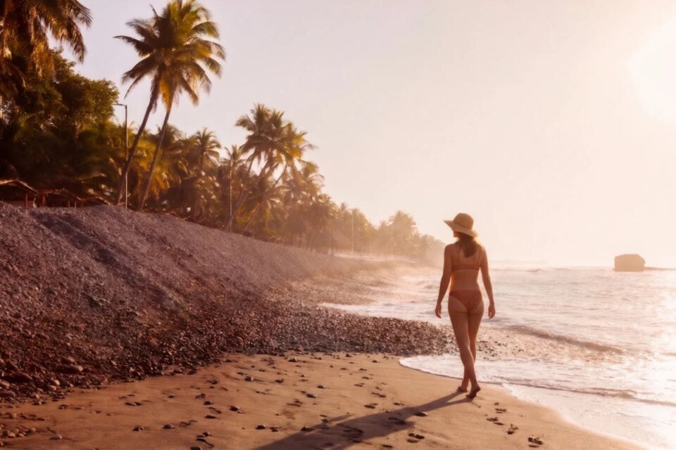 Woman walking along the beach in El Tunco, El Salvador